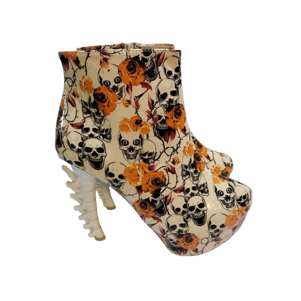 Skull and Roses Size 10 US High Heel Ankle Boots Spine Bone Heel